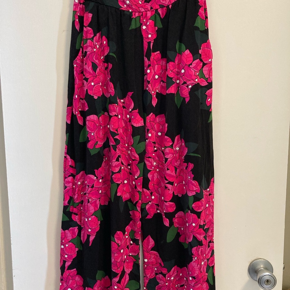 Floral Black and Pink Wide-Leg Pants
